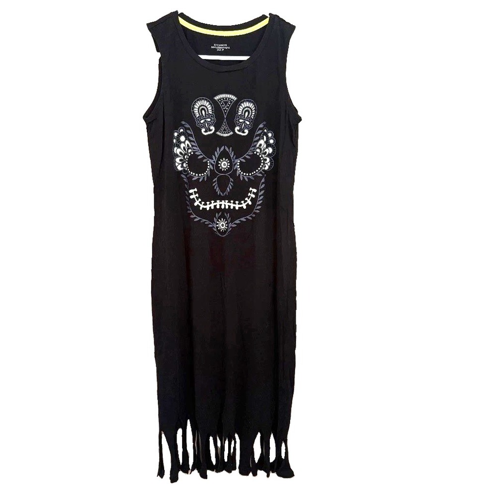 Giordano Black Sugar Skull Fringe Tunic Dress Sz M Whimsigoth Gothic Witchy Punk